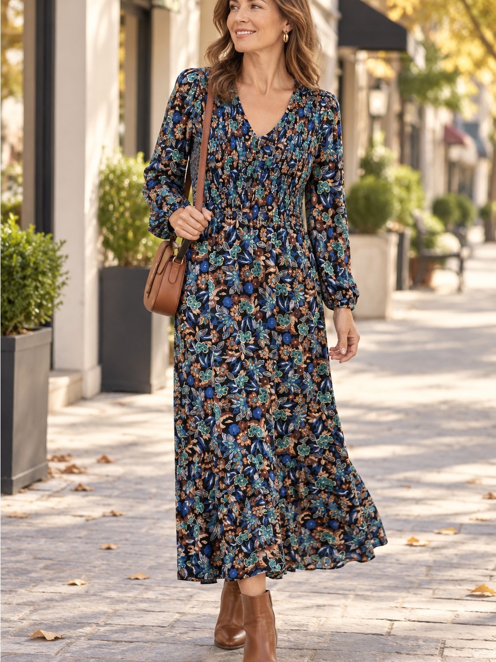 J.Jill NWT Floral Smocked Midi Dress Blue Black Size M Boho $139